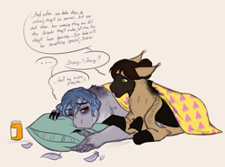 Size: 2550x1900 | Tagged: safe, artist:jc_bbqueen, oc, oc:casey bleu, oc:rasta jam, species:bat pony, species:hippogriff, species:pegasus, species:pony, bat pony oc, blanket, bleujam, comforting, couple, female, husband and wife, hybrid, male, mare, married couple, pregnant, sick, song birds, straight, talons, withdrawal, worried