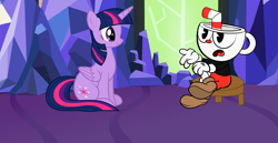 Size: 2573x1329 | Tagged: safe, artist:perplexedpegasus, artist:slb94, artist:user15432, character:twilight sparkle, character:twilight sparkle (alicorn), species:alicorn, species:pony, castle, chair, crossover, cuphead, cuphead (character), ponyville, studio mdhr, talking, twilight's castle