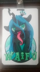 Size: 1440x2560 | Tagged: safe, artist:hobbes-maxwell, character:queen chrysalis, species:changeling, species:pony, derpibooru, heart eyes, meta, photo, tags, tongue out, waifu, wingding eyes