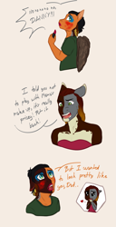 Size: 1231x2405 | Tagged: safe, artist:jc_bbqueen, oc, oc only, oc:daniel dasher, oc:dusk flame, species:anthro, species:dracony, species:pony, alternate universe, anthro oc, clothing, crossdressing, crying, dialogue, drag queen, dress, eyeshadow, father and son, hybrid, lipstick, looking back, makeup, male, simple background, stallion