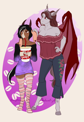 Size: 2120x3088 | Tagged: safe, artist:jc_bbqueen, oc, oc only, oc:caffeinated comatose, oc:scarlet quill, species:anthro, species:bat pony, species:unguligrade anthro, anthro oc, bare shoulders, bat pony oc, blouse, clothing, coffee, drink, ear piercing, ear pull, fangs, female, goat pony, hooves, long ears, motherly, off shoulder, piercing, scolding, shirt, stockings, sweater dress, thigh highs, zettai ryouiki