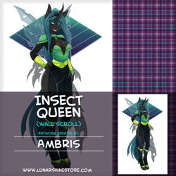 Size: 876x876 | Tagged: safe, artist:ambris, character:queen chrysalis, species:anthro, species:changeling, species:unguligrade anthro, abstract background, advertisement, changeling queen, female, grin, obtrusive watermark, smiling, watermark
