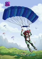 Size: 2000x2829 | Tagged: safe, artist:king-kakapo, oc, oc only, oc:windcatcher, species:human, aircraft, blep, canterlot, clothing, cloud, falling, flying, goggles, humanized, humanized oc, jumpsuit, parachute, ponyville, scenery, scenery porn, shoes, sky, skydiving, sneakers, solo focus, tongue out