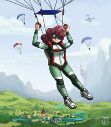 Size: 1761x2000 | Tagged: safe, artist:king-kakapo, oc, oc only, oc:windcatcher, species:human, aircraft, blep, canterlot, clothing, cloud, commission, falling, flying, goggles, humanized, humanized oc, jumpsuit, parachute, ponyville, scenery, scenery porn, shoes, sky, skydiving, sneakers, solo focus, tongue out
