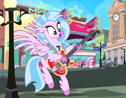 Size: 900x697 | Tagged: safe, artist:pixelkitties, character:coco pommel, character:silverstream, character:spike, species:dragon, species:hippogriff, 1950s, back to the future, delorean, guitar