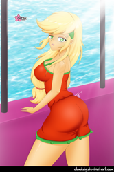 Size: 663x1000 | Tagged: safe, artist:clouddg, character:applejack, my little pony:equestria girls, applebutt, ass, breasts, busty applejack, butt, clothing, crepuscular rays, dress, female, freckles, shoulder freckles, solo