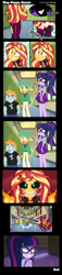 Size: 1000x4400 | Tagged: safe, artist:wubcakeva, character:midnight sparkle, character:snails, character:snips, character:sunset satan, character:sunset shimmer, character:twilight sparkle, character:twilight sparkle (scitwi), species:eqg human, ship:scitwishimmer, ship:sunsetsparkle, g4, my little pony: equestria girls, my little pony:equestria girls, angry, black sclera, bunset shimmer, butt, canterlot high, clothing, comic, cross-popping veins, demon, descriptive noise, female, geode of telekinesis, grin, horse noises, implied midnight sparkle, implied sunset satan, lesbian, magical geodes, midnight sparkle, rageset shimmer, shipping, shrunken pupils, smiling, spanking, sunset satan, whistling