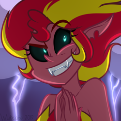 Size: 1000x1000 | Tagged: safe, artist:wubcakeva, character:sunset satan, character:sunset shimmer, g4, my little pony:equestria girls, clothing, cloud, dark clouds, demon, female, lightning, sharp teeth, smiling, smirk, solo, sunset satan, teeth