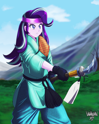 Size: 3200x4000 | Tagged: safe, artist:danmakuman, character:starlight glimmer, my little pony:equestria girls, absurd resolution, clothing, commission, female, headband, martial arts, naginata, outdoors, solo, spear, weapon