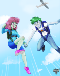 Size: 3600x4500 | Tagged: safe, artist:danmakuman, oc, oc only, oc:software patch, oc:windcatcher, my little pony:equestria girls, absurd resolution, clothing, commission, equestria girls-ified, falling, goggles, harness, open mouth, pants, parachute, plane, shirt, shoes, shorts, skydiving, tack, windpatch