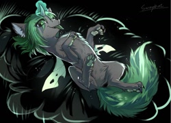 Size: 1280x922 | Tagged: safe, artist:swaybat, oc, oc:weiba, species:changeling, species:wolf, changeling oc, female, glowing horn, horn, looking at you, lying down, paws, solo, species swap, underpaw