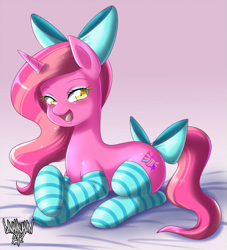 Size: 851x939 | Tagged: safe, artist:danmakuman, oc, oc only, oc:candy heart, species:pony, species:unicorn, bow, clothing, eyeshadow, female, hair bow, looking at you, makeup, mare, open mouth, prone, socks, solo, striped socks, tail bow, thigh highs, white sheets