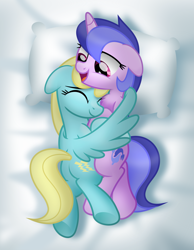 Size: 5107x6578 | Tagged: safe, artist:jhayarr23, character:sassaflash, character:sea swirl, species:pegasus, species:pony, species:unicorn, ship:sassaswirl, background pony, bed, commission, cute, female, lesbian, shipping, snuggling