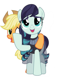 Size: 1440x1750 | Tagged: source needed, safe, artist:jhayarr23, edit, character:applejack, character:coloratura, species:pony, 1000 years in photoshop, hoof around neck, hug, simple background, transparent background