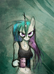 Size: 600x819 | Tagged: safe, artist:foxinshadow, character:princess celestia, species:anthro, cigarette, coffee, female, grumpy, morning ponies, smoking, solo, traditional art