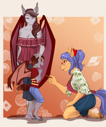 Size: 2550x3045 | Tagged: safe, artist:jc_bbqueen, oc, oc only, oc:blueberry crisp, oc:pepper zest, oc:scarlet quill, parent:oc:savory zest, parent:oc:scarlet quill, parents:oc x oc, species:anthro, species:bat pony, species:earth pony, species:pony, anthro oc, apron, bat pony oc, clothing, commission, cookie, female, filly, food, gift art, glasses, kneeling, mother and daughter, offspring, parents:scarlory, shirt, smiling