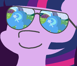 Size: 502x428 | Tagged: safe, artist:threetwotwo32232, edit, character:trixie, character:twilight sparkle, species:pony, ship:twixie, butt, dat butt, dock, eyes on the prize, eyes on the prize on the eyes, female, glasses, lesbian, looking at her butt, meme, plot, prize on the eyes, reflection, shipping, smiling, sunglasses, the great and powerful ass
