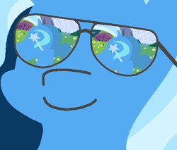 Size: 502x428 | Tagged: safe, artist:threetwotwo32232, edit, character:trixie, species:pony, butt, dat butt, dock, female, glasses, meme, narcissism, plot, reflection, shipping, smiling, sunglasses, the great and powerful ass
