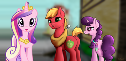 Size: 2000x976 | Tagged: safe, artist:10art1, artist:parclytaxel, edit, character:big mcintosh, character:princess cadance, character:sugar belle, species:alicorn, species:earth pony, species:pony, species:unicorn, ship:cadmac, distracted boyfriend meme, female, implied sugarmac, infidelity, male, shipping, straight