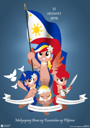Size: 1951x2761 | Tagged: safe, artist:jhayarr23, oc, oc:luz, oc:minda, oc:pearl shine, oc:vi, species:bird, dove, filipino, flag, independence day, philippines, phillipine independence day, simple background, sword, tagalog, weapon
