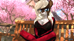 Size: 1920x1080 | Tagged: safe, artist:anthroponiessfm, oc, oc only, oc:starry snow, species:anthro, species:deer, 3d, anthro oc, breasts, cherry blossoms, clothing, cute, cute face, deer oc, flower, flower blossom, glasses, long hair, long mane, looking at you, original species, park, source filmmaker