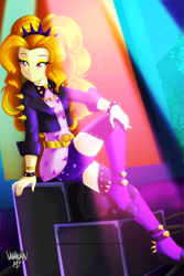 Size: 3333x5000 | Tagged: safe, artist:danmakuman, character:adagio dazzle, episode:find the magic, g4, my little pony: equestria girls, my little pony:equestria girls, spoiler:eqg series (season 2), adoragio, boots, bracelet, clothing, cute, eyeshadow, female, jacket, jewelry, leather jacket, lidded eyes, makeup, sexy, shoes, sitting, smiling, solo, spiked headband, spiked wristband, stupid sexy adagio dazzle, thigh boots, wristband