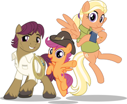 Size: 5501x4541 | Tagged: safe, artist:jhayarr23, character:mane allgood, character:scootaloo, character:snap shutter, species:pegasus, species:pony, episode:the last crusade, g4, my little pony: friendship is magic, clothing, cute, cutealoo, family, female, filly, hat, looking at you, male, mare, scootaloo's parents, simple background, smiling, spread wings, stallion, transparent background, vector, wings