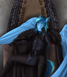 Size: 2399x2755 | Tagged: safe, artist:jc_bbqueen, oc, oc only, oc:umami stale, species:anthro, species:pegasus, species:pony, anthro oc, clothing, commission, male, one eye closed, sitting, solo, stallion, throne