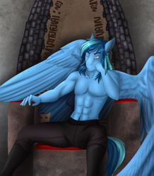 Size: 2399x2755 | Tagged: safe, alternate version, artist:jc_bbqueen, oc, oc only, oc:umami stale, species:anthro, species:pegasus, species:pony, anthro oc, clothing, commission, male, one eye closed, partial nudity, sitting, solo, stallion, throne, topless