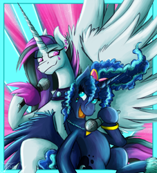 Size: 1360x1500 | Tagged: safe, artist:jamescorck, character:princess celestia, character:princess luna, species:alicorn, species:pony, episode:between dark and dawn, g4, my little pony: friendship is magic, 80s princess luna, big wings, duet, emo, goth, levitation, magic, microphone, open mouth, punklestia, royal sisters, telekinesis, that was fast, wings