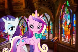 Size: 1086x736 | Tagged: safe, artist:dashiesparkle, artist:dashiesparkle edit, artist:disneymarvel96, artist:rustle-rose, edit, character:princess cadance, character:rarity, species:pony, ship:raridance, bow tie, disney, disneyland, disneyland paris, female, infidelity, lesbian, shipping, smiling, smirk, stained glass window, vector, vector edit