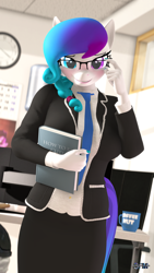 Size: 1080x1920 | Tagged: safe, artist:anthroponiessfm, oc, oc only, oc:aurora starling, species:anthro, species:pony, 3d, anthro oc, blushing, book, clothing, cute, explicit source, female, glasses, heterochromia, looking at you, mare, office, solo, source filmmaker