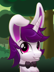 Size: 5535x7415 | Tagged: safe, artist:jhayarr23, oc, oc:lapush buns, species:pony, species:unicorn, bow tie, bunny ears, bunnycorn, bust, forest, looking at you, male, portrait, smiling, solo, stallion, tree, vector