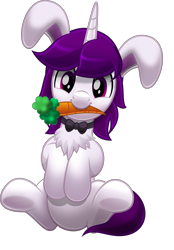 Size: 4662x6694 | Tagged: safe, alternate version, artist:jhayarr23, oc, oc:lapush buns, species:pony, species:unicorn, background removed, bow tie, bunny ears, bunnycorn, carrot, carrot in mouth, food, hungry, looking at you, male, mouth hold, simple background, smiling, solo, stallion, transparent background, vector