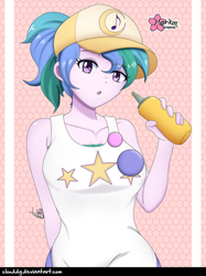 Size: 748x1000 | Tagged: safe, artist:clouddg, episode:five lines you need to stand in, g4, my little pony: equestria girls, my little pony:equestria girls, spoiler:eqg series (season 2), alternate hairstyle, baseball cap, breasts, busty summer solstice, cap, clothing, cute, eyebrows, eyebrows visible through hair, female, food, hat, looking at you, mustard, not celestia, sauce, solo, summer solstice (character)