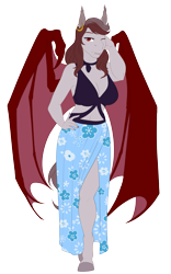 Size: 2063x3300 | Tagged: safe, artist:jc_bbqueen, oc, oc only, oc:scarlet quill, species:anthro, species:bat pony, species:unguligrade anthro, anthro oc, bat pony oc, bikini, bikini top, clothing, fangs, female, mother, simple background, smiling, solo, swimsuit, transparent background