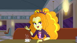 Size: 1920x1080 | Tagged: safe, artist:wubcakeva, character:adagio dazzle, g4, my little pony: equestria girls, my little pony:equestria girls, spoiler:eqg series (season 2), cafe, clothing, coffee, cup, diner, drink, female, plate, sitting, solo, spiked wristband, table, wristband, youtube thumbnail