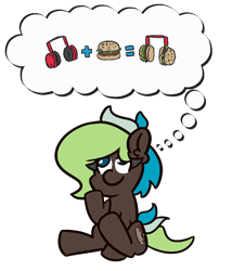 Size: 900x1050 | Tagged: safe, artist:threetwotwo32232, oc, oc only, oc:bright idea, species:earth pony, species:pony, newbie artist training grounds, atg 2019, burger, female, food, hamburger, headphones, mare, simple background, solo, thinking, transparent background