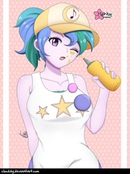 Size: 748x1000 | Tagged: safe, alternate version, artist:clouddg, episode:five lines you need to stand in, g4, my little pony: equestria girls, my little pony:equestria girls, spoiler:eqg series (season 2), alternate hairstyle, baseball cap, breasts, busty summer solstice, cap, clothing, cute, eyebrows, eyebrows visible through hair, female, food, food on face, hat, looking at you, mustard, not celestia, one eye closed, sauce, signature, solo, summer solstice (character), wink