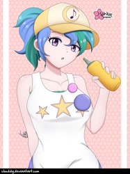 Size: 748x1000 | Tagged: safe, alternate version, artist:clouddg, species:human, episode:five lines you need to stand in, g4, my little pony: equestria girls, my little pony:equestria girls, spoiler:eqg series (season 2), alternate hairstyle, baseball cap, breasts, busty summer solstice, cap, clothing, cute, eyebrows, eyebrows visible through hair, female, food, hat, human coloration, looking at you, mustard, not celestia, sauce, signature, solo, summer solstice (character)