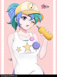 Size: 748x1000 | Tagged: safe, alternate version, artist:clouddg, species:human, episode:five lines you need to stand in, g4, my little pony: equestria girls, my little pony:equestria girls, spoiler:eqg series (season 2), alternate hairstyle, baseball cap, breasts, busty summer solstice, cap, clothing, cute, eyebrows, eyebrows visible through hair, female, food, food on face, hat, human coloration, looking at you, mustard, not celestia, one eye closed, sauce, signature, solo, summer solstice (character), wink