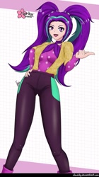 Size: 561x1000 | Tagged: safe, alternate version, artist:clouddg, character:aria blaze, species:human, episode:find the magic, equestria girls:rainbow rocks, g4, my little pony: equestria girls, my little pony:equestria girls, spoiler:eqg series (season 2), ariabetes, ascot, beckoning, cute, female, human coloration, looking at you, open mouth, pigtails, signature, smiling, solo, twintails