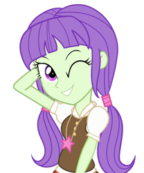 Size: 1000x1200 | Tagged: safe, artist:wubcakeva, character:starlight, my little pony:equestria girls, arm behind head, background human, commission, jewelry, necklace, one eye closed, pendant, pigtails, starlight, wink