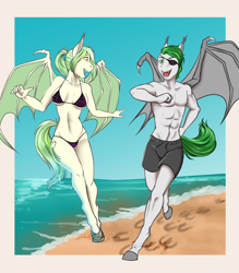 Size: 2550x2908 | Tagged: safe, artist:jc_bbqueen, oc, oc only, oc:olive gale, oc:rabid, species:anthro, species:bat pony, species:unguligrade anthro, anthro oc, bat pony oc, bikini, clothing, couple, female, male, oc x oc, olid, partial nudity, shipping, straight, swimming trunks, swimsuit, topless