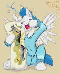 Size: 1600x1952 | Tagged: safe, artist:frist44, character:daring do, oc, oc:dreamy daze, species:pegasus, species:pony, autograph, body pillow, clothing, daring daki, hooves, male, pajamas, solo, tired, yawn