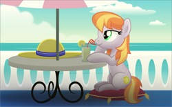 Size: 5589x3476 | Tagged: safe, artist:jhayarr23, character:copper top, species:earth pony, species:pony, alternate hairstyle, clothing, cloud, commission, drink, female, food, hat, lemon, mare, ocean, pillow, smiling, solo, straw, table, umbrella
