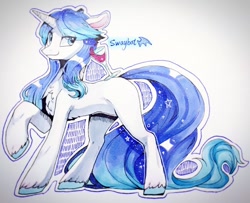 Size: 888x721 | Tagged: safe, artist:swaybat, oc, oc only, species:pony, species:unicorn, chest fluff, cocktail, cocktail glass, colored hooves, looking at you, outline, raised hoof, solo, standing, traditional art, unshorn fetlocks