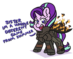 Size: 1050x850 | Tagged: safe, artist:threetwotwo32232, character:starlight glimmer, species:pony, species:unicorn, newbie artist training grounds, dialogue, female, fire, looking at you, mare, metal gear, metal gear solid 2, parody, simple background, solidus snake, solo, transparent background