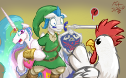 Size: 2576x1600 | Tagged: safe, artist:frist44, character:princess celestia, oc, oc:dreamy daze, species:bird, species:chicken, alektorophobia, bipedal, canon x oc, clothing, cosplay, costume, crossover, cucco, dreamlestia, elf hat, female, hat, hiding, hylian shield, link, link's hat, link's tunic, male, master sword, mouth hold, nintendo, princess zelda, question mark, shield, shipping, straight, sweat, sword, that princess sure is afraid of chickens, the legend of zelda, this will end in pain, triforce, weapon