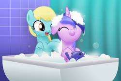 Size: 5543x3724 | Tagged: safe, artist:jhayarr23, character:sassaflash, character:sea swirl, species:pegasus, species:pony, species:unicorn, ship:sassaswirl, back scrubber, background pony, bath, bath toy, bathroom, bathtub, bubble, commission, curtain, cute, dolphin, eyes closed, female, floppy ears, lesbian, mare, sassabetes, seadorable, shipping, smiling, suds, things friends do for each other, toy, wet, whale
